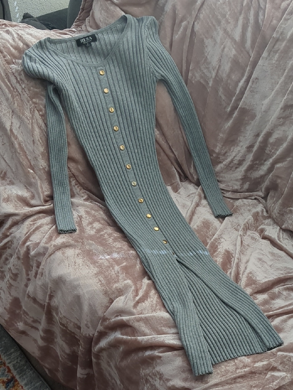 Hera Collection Silver-Grey Ribbed Knit Button Top